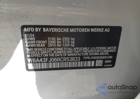 2024 BMW 530I from USA, damaged, VIN WBA43FJ06RCR53833